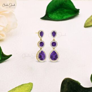 Dangle Halo Diamond Earrings In Real 14k Gold Amethyst 3 Ct Gemstone Women Earrings