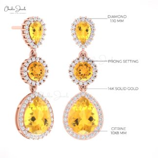 Cocktail Diamond Earrings With 6 Ct Citrine Dangle Halo Earring In 14k Real Gold Jewelry