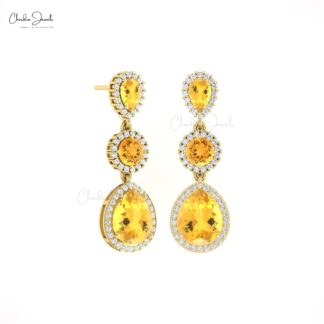 Cocktail Diamond Earrings With 6 Ct Citrine Dangle Halo Earring In 14k Real Gold Jewelry