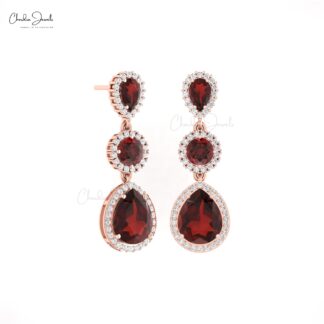 Dangling Women Earrings With 10x8mm Red Garnet Halo Diamond 14k Solid Gold Earrings