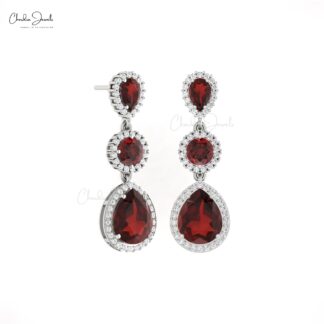 Dangling Women Earrings With 10x8mm Red Garnet Halo Diamond 14k Solid Gold Earrings