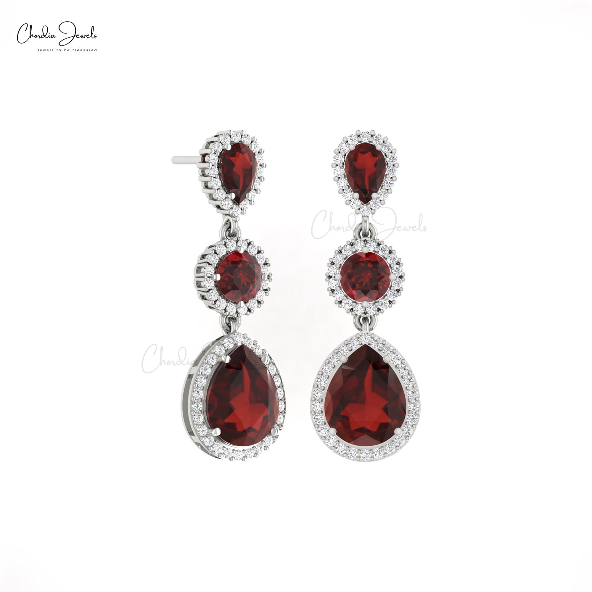 Dangling Women Earrings With 10x8mm Red Garnet Halo Diamond 14k Solid Gold Earrings