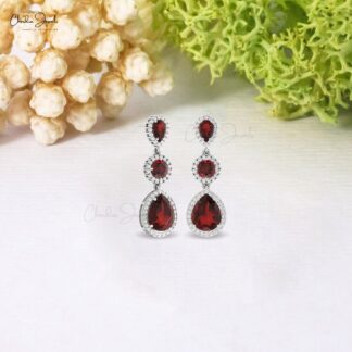 Dangling Women Earrings With 10x8mm Red Garnet Halo Diamond 14k Solid Gold Earrings