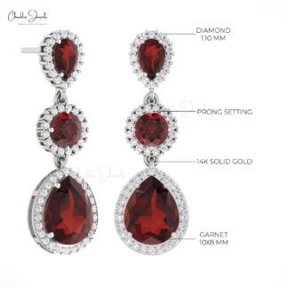 Dangling Women Earrings With 10x8mm Red Garnet Halo Diamond 14k Solid Gold Earrings