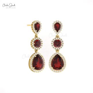 Dangling Women Earrings With 10x8mm Red Garnet Halo Diamond 14k Solid Gold Earrings