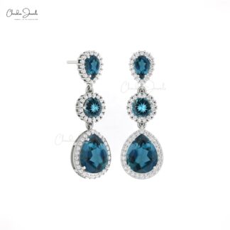 Triple London Blue Topaz Halo Earrings In Real 14k Gold G-H Diamond Dangle Unique Earring