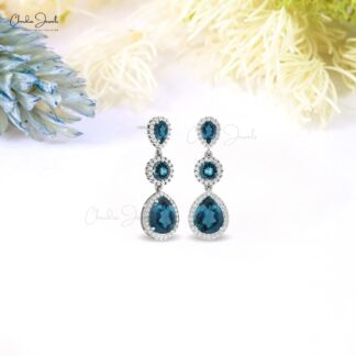 Triple London Blue Topaz Halo Earrings In Real 14k Gold G-H Diamond Dangle Unique Earring