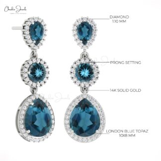 Triple London Blue Topaz Halo Earrings In Real 14k Gold G-H Diamond Dangle Unique Earring