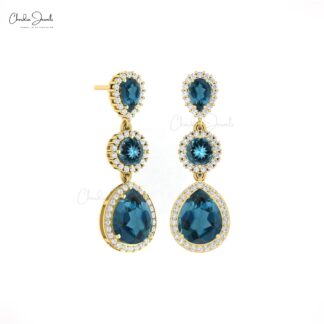 Triple London Blue Topaz Halo Earrings In Real 14k Gold G-H Diamond Dangle Unique Earring