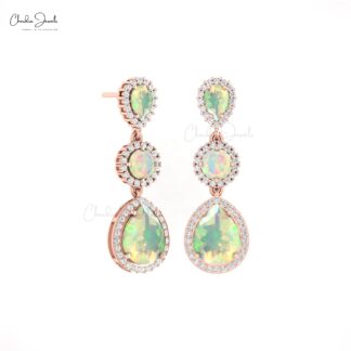 AAA Fire Opal Dangle Earring With Halo G-H Diamond Push Back Earrings In 14k Gold Jewelry