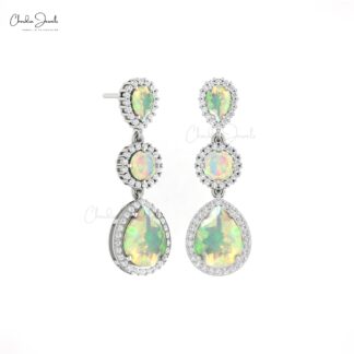 AAA Fire Opal Dangle Earring With Halo G-H Diamond Push Back Earrings In 14k Gold Jewelry
