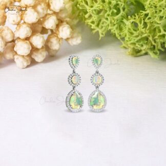 AAA Fire Opal Dangle Earring With Halo G-H Diamond Push Back Earrings In 14k Gold Jewelry