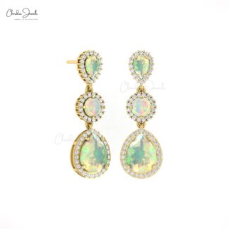 AAA Fire Opal Dangle Earring With Halo G-H Diamond Push Back Earrings In 14k Gold Jewelry