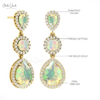 AAA Fire Opal Dangle Earring With Halo G-H Diamond Push Back Earrings In 14k Gold Jewelry