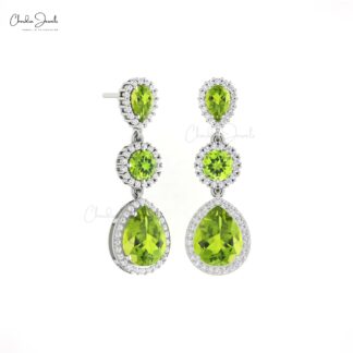 Halo Danglers Wedding Earring In 14k Solid Gold Peridot August Birthstone Diamond Earrings
