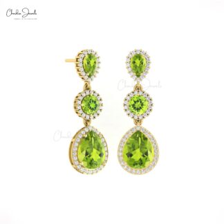 Halo Danglers Wedding Earring In 14k Solid Gold Peridot August Birthstone Diamond Earrings