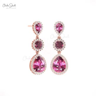 Multi Halo Dangle Earring In Pure 14k Gold Rhodolite Garnet And Diamond Bridal Earrings