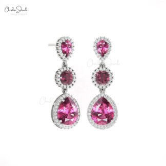 Multi Halo Dangle Earring In Pure 14k Gold Rhodolite Garnet And Diamond Bridal Earrings