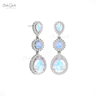 Three Rainbow Moonstone Earrings In 14k Real Gold Halo Diamond Dangle Fine Earrings