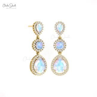 Three Rainbow Moonstone Earrings In 14k Real Gold Halo Diamond Dangle Fine Earrings