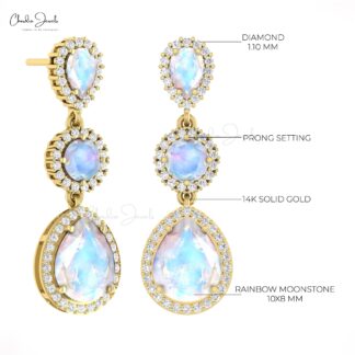 Three Rainbow Moonstone Earrings In 14k Real Gold Halo Diamond Dangle Fine Earrings