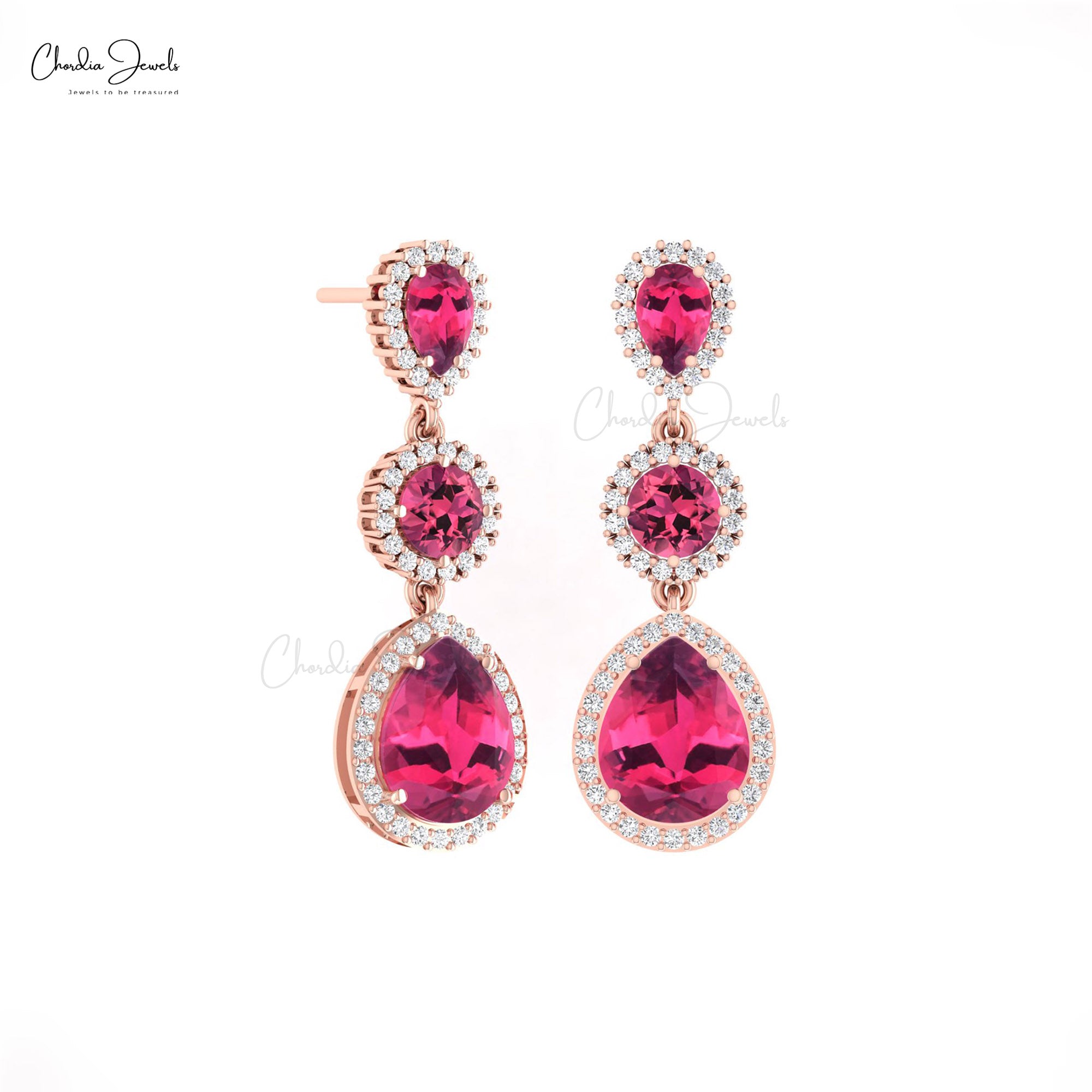 Solid 14k Gold Dangle Earring With 6 Ct Pink Tourmaline Halo Diamond Handmade Earrings