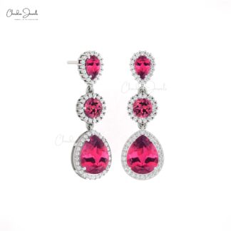 Solid 14k Gold Dangle Earring With 6 Ct Pink Tourmaline Halo Diamond Handmade Earrings