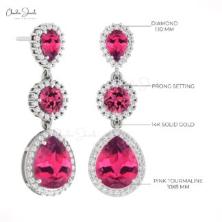 Solid 14k Gold Dangle Earring With 6 Ct Pink Tourmaline Halo Diamond Handmade Earrings