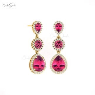 Solid 14k Gold Dangle Earring With 6 Ct Pink Tourmaline Halo Diamond Handmade Earrings