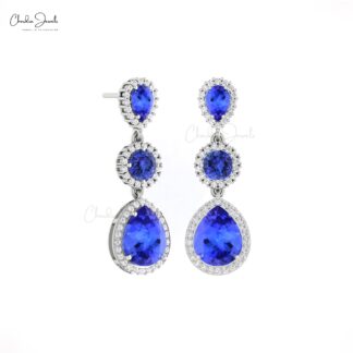 Dangling Diamond Earring With 3 Ct Tanzanite 3 Stone Cocktail Halo Earrings In 14k Gold
