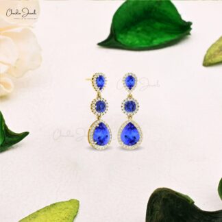Dangling Diamond Earring With 3 Ct Tanzanite 3 Stone Cocktail Halo Earrings In 14k Gold