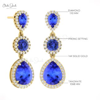 Dangling Diamond Earring With 3 Ct Tanzanite 3 Stone Cocktail Halo Earrings In 14k Gold