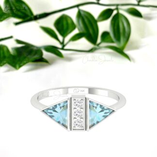 Dainty Diamond Proposal Ring In Pure 14k Gold Aquamarine 6mm Gemstone Women Ring