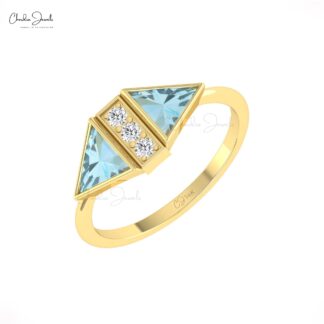 Dainty Diamond Proposal Ring In Pure 14k Gold Aquamarine 6mm Gemstone Women Ring