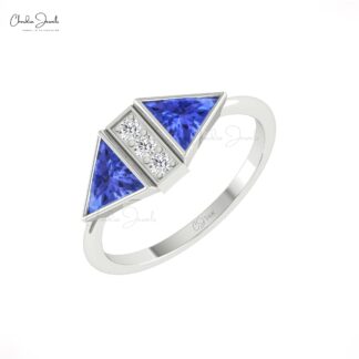 Trillion Cut Bezel Set Ring In 14k Real Gold Tanzanite And Diamond Promise Rings For Her