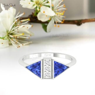 Trillion Cut Bezel Set Ring In 14k Real Gold Tanzanite And Diamond Promise Rings For Her