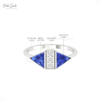 Trillion Cut Bezel Set Ring In 14k Real Gold Tanzanite And Diamond Promise Rings For Her