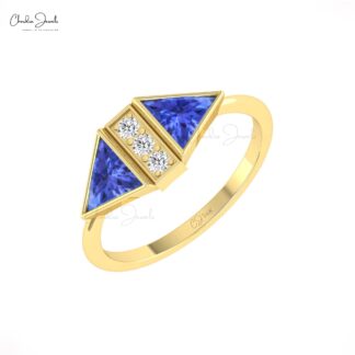 Trillion Cut Bezel Set Ring In 14k Real Gold Tanzanite And Diamond Promise Rings For Her