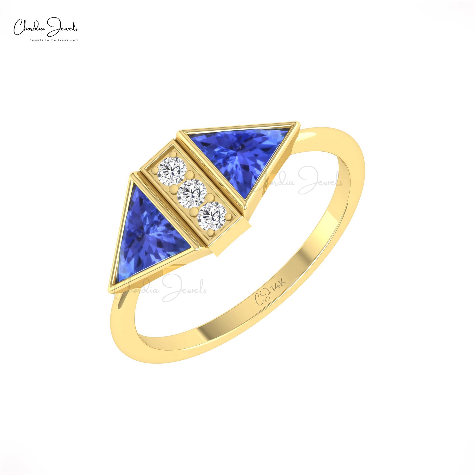 Trillion Cut Bezel Set Ring In 14k Real Gold Tanzanite And Diamond Promise Rings For Her