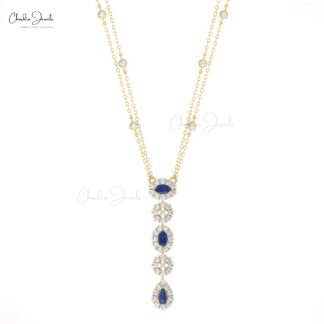Lariat Dangle Chain Necklace With 0.63 Ct Blue Sapphire Halo Diamond Necklace In 14k Gold