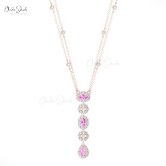 Diamond Cluster Halo Necklace In 14k Real Gold Pink Sapphire 0.63 Ct Gemstone Fine Jewelry