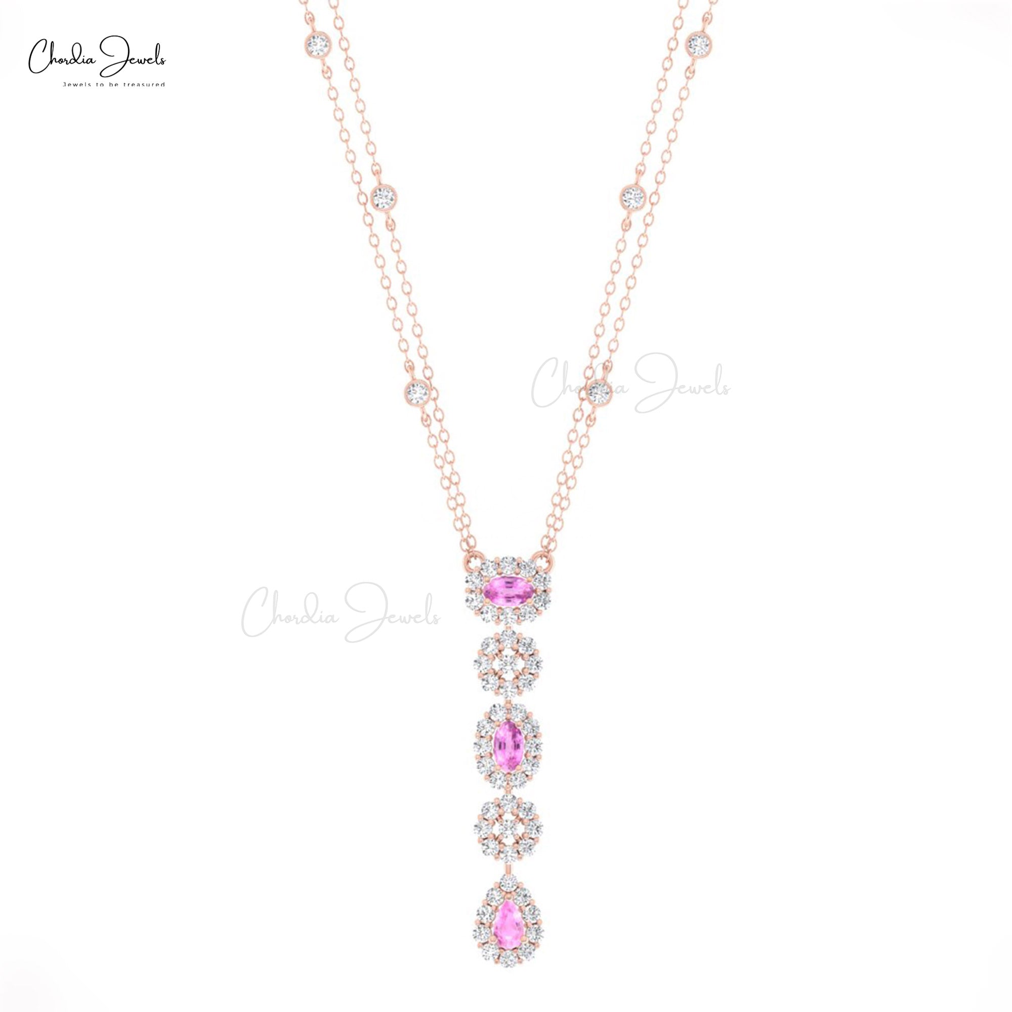 Diamond Cluster Halo Necklace In 14k Real Gold Pink Sapphire 0.63 Ct Gemstone Fine Jewelry