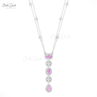 Diamond Cluster Halo Necklace In 14k Real Gold Pink Sapphire 0.63 Ct Gemstone Fine Jewelry