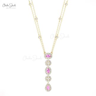 Diamond Cluster Halo Necklace In 14k Real Gold Pink Sapphire 0.63 Ct Gemstone Fine Jewelry