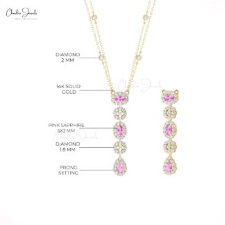 Diamond Cluster Halo Necklace In 14k Real Gold Pink Sapphire 0.63 Ct Gemstone Fine Jewelry