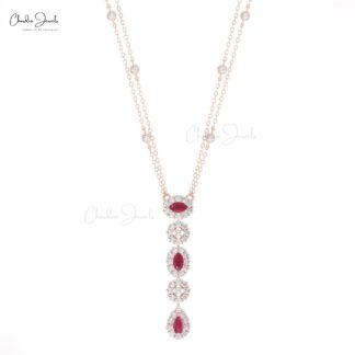 Dangle Drop Diamond Necklace With 0.63 Ct Burma Ruby Halo Lariat Halo Necklace In 14k Gold