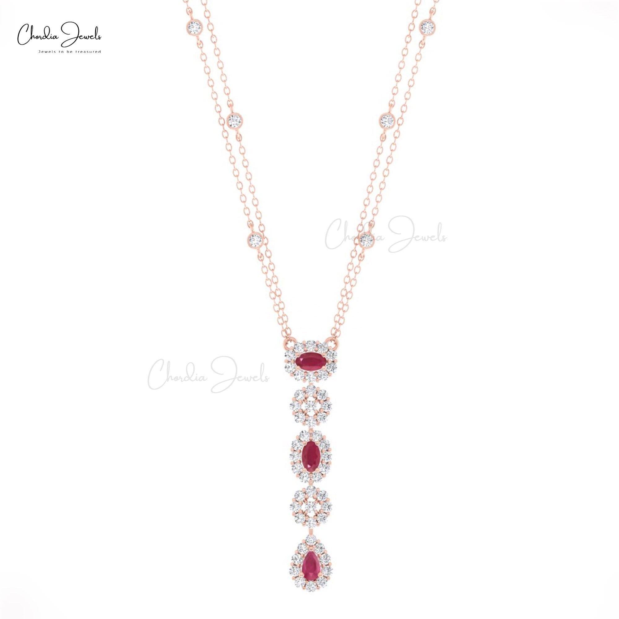 Dangle Drop Diamond Necklace With 0.63 Ct Burma Ruby Halo Lariat Halo Necklace In 14k Gold