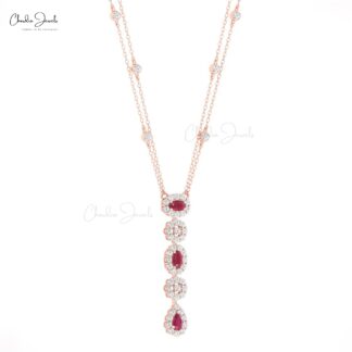 Dangle Drop Diamond Necklace With 0.63 Ct Burma Ruby Halo Lariat Halo Necklace In 14k Gold