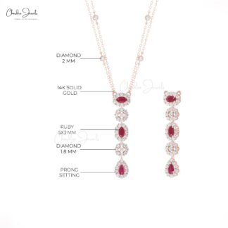 Dangle Drop Diamond Necklace With 0.63 Ct Burma Ruby Halo Lariat Halo Necklace In 14k Gold