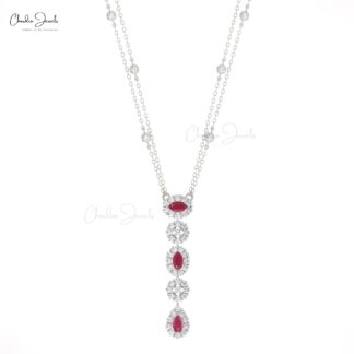 Dangle Drop Diamond Necklace With 0.63 Ct Burma Ruby Halo Lariat Halo Necklace In 14k Gold